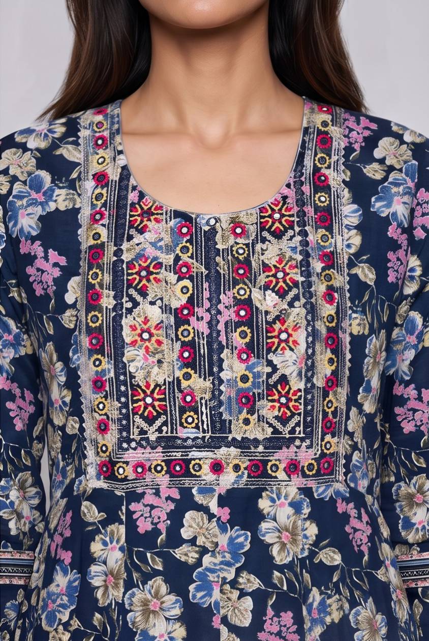 Women's Cotton Anarkali Kameez, Navy Blue - Image 4