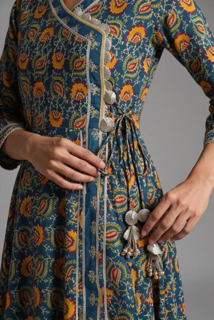 Women's Cotton Angrakha Ultra-Wide Flare with Kameez, Prussian Blue