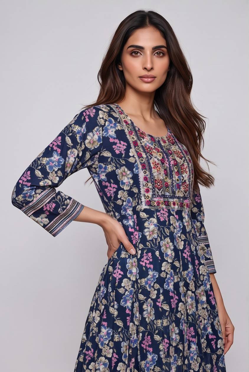 Women's Cotton Anarkali Kameez, Navy Blue - Image 3