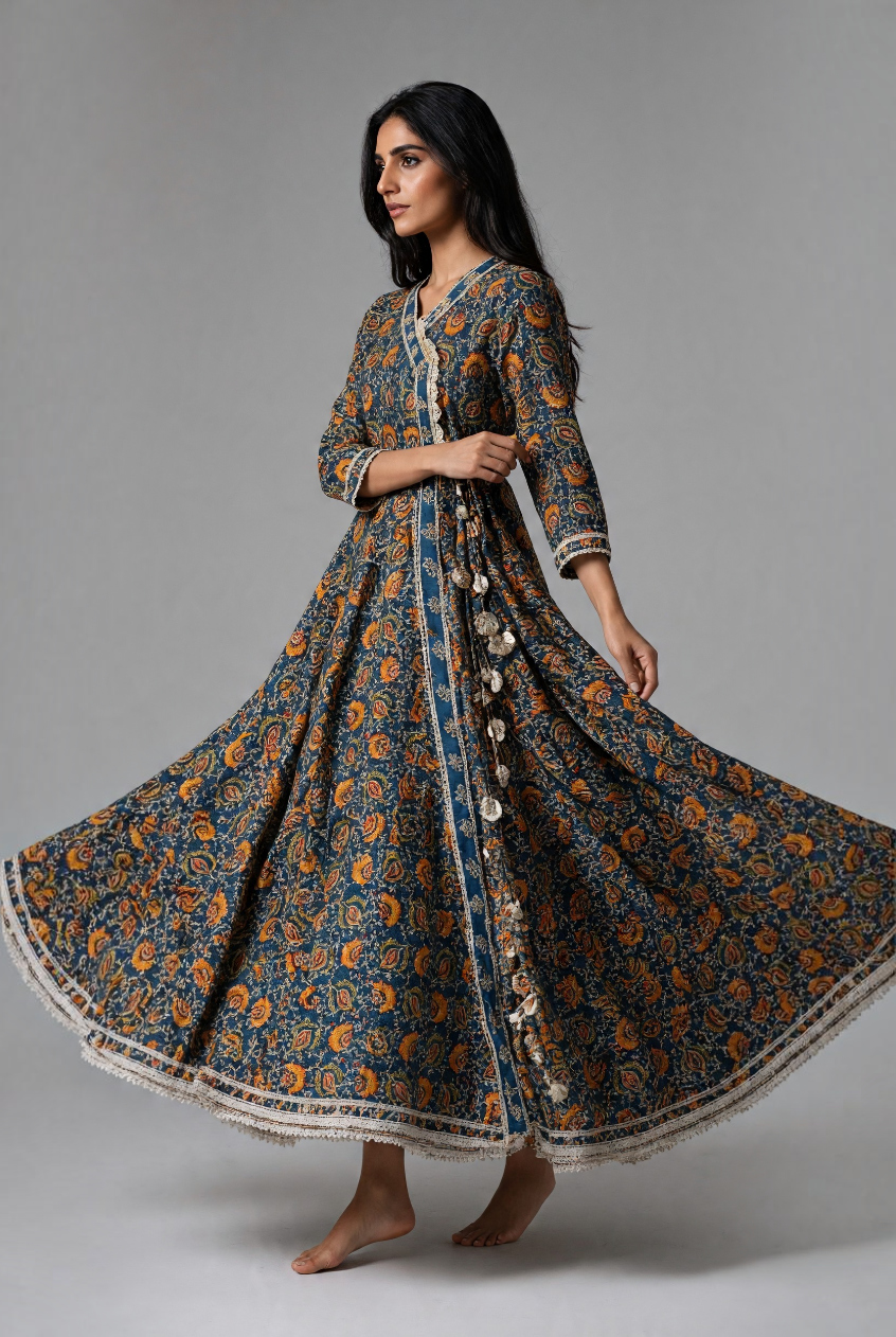 Women's Cotton Angrakha Ultra-Wide Flare with Kameez, Prussian Blue - Image 3