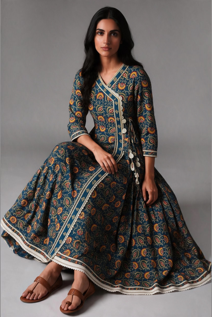 Women's Cotton Angrakha Ultra-Wide Flare with Kameez, Prussian Blue