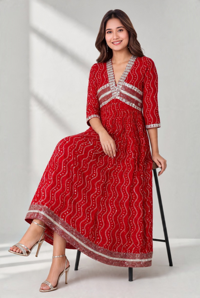 Women's Cotton Angrakha Kameez, Crimson Red