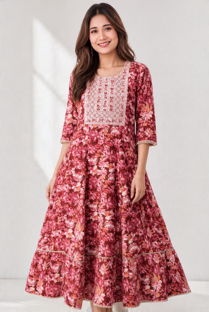 Women's Cotton Anarkali Kameez, Bick Red