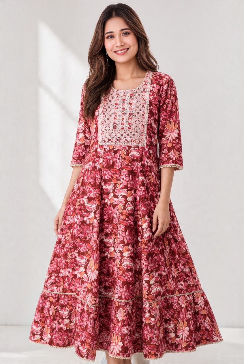Women's Cotton Anarkali Kameez, Bick Red - Image 4