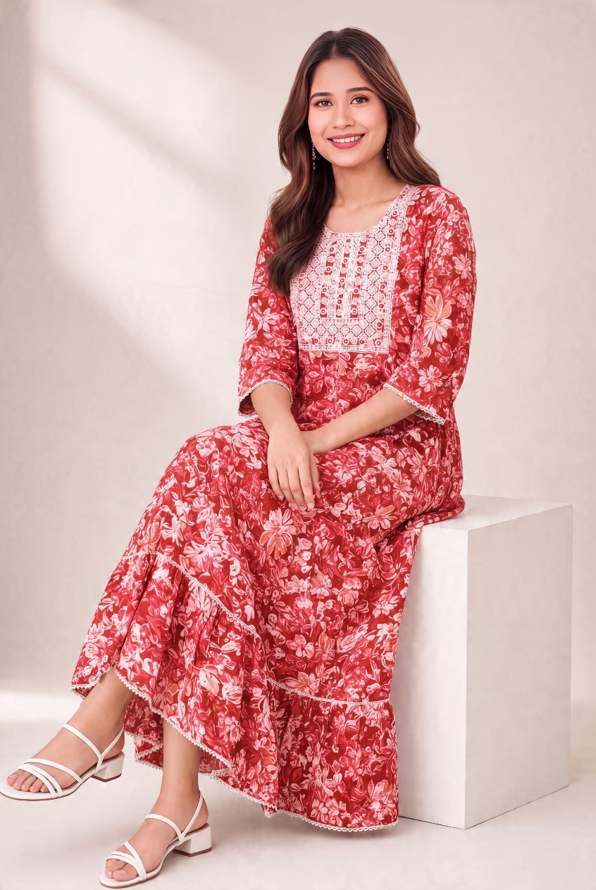 Women's Cotton Anarkali Kameez, Bick Red - Image 2