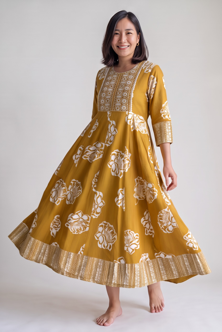 Women's Cotton Anarkali Kameez and Dupatta, Mustard Yellow - Image 2