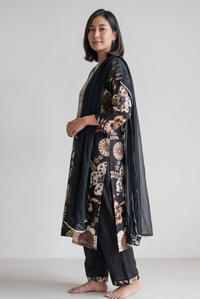 Women's Cotton Straight-Cut Kameez, Pant and Dupatta, Charcoal Black