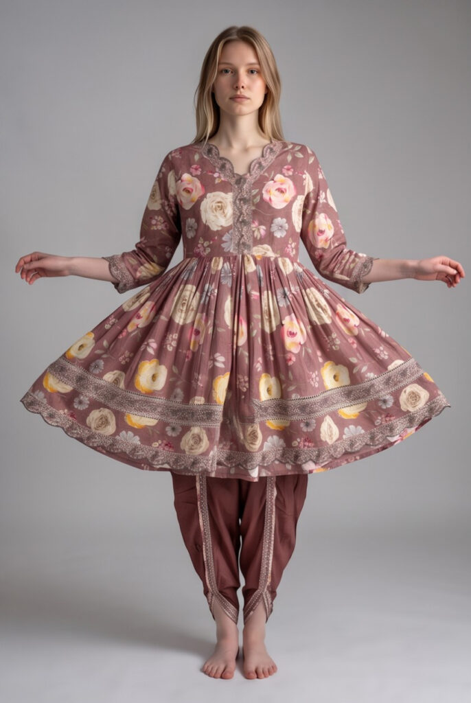 Women's Cotton Anarkali Kameez, Dhoti and Dupatta, Mauve