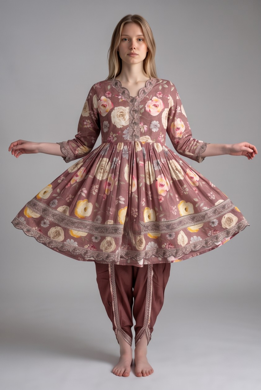 Women's Cotton Anarkali Kameez, Dhoti and Dupatta, Mauve - Image 4