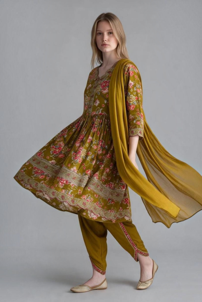 Women's Cotton Anarkali Kameez, dhoti and dupatta, Olive green