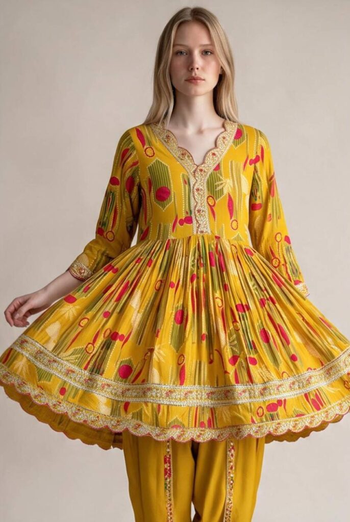 Women's Cotton Anarkali Kameez, dhoti and dupatta,Mustard yellow
