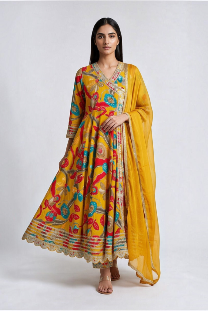 Women's Cotton Angrakha Kameez,Pant and Dupatta, Marigold Yellow