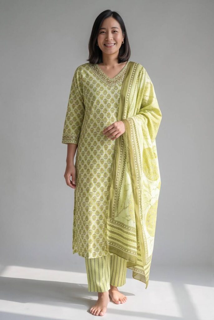 Women's Cotton Straight-Cut Kameez, pant and Dupatta, Pista Green