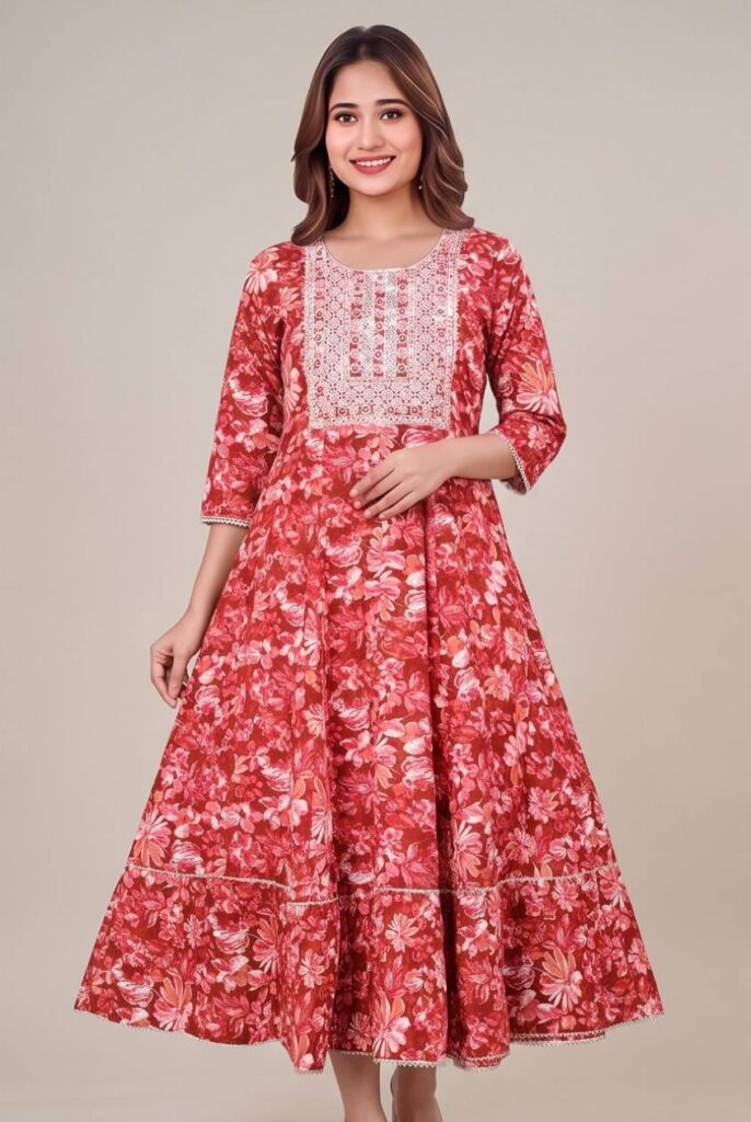 Women's Cotton Anarkali Kameez, Bick Red