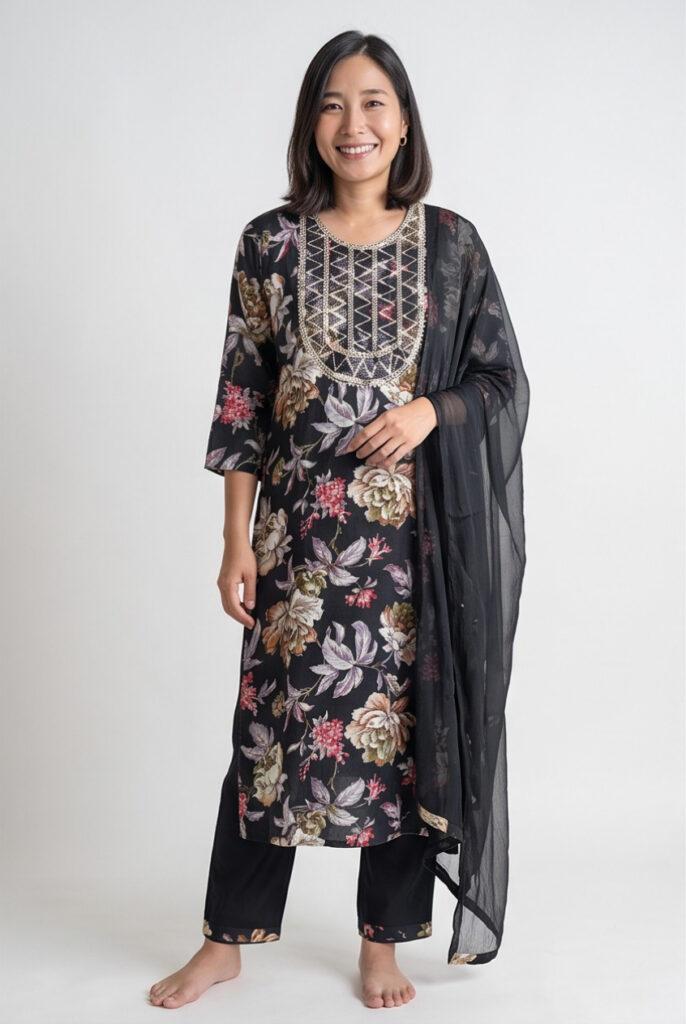 Women's Cotton Straight-Cut Kameez and Pant, Black
