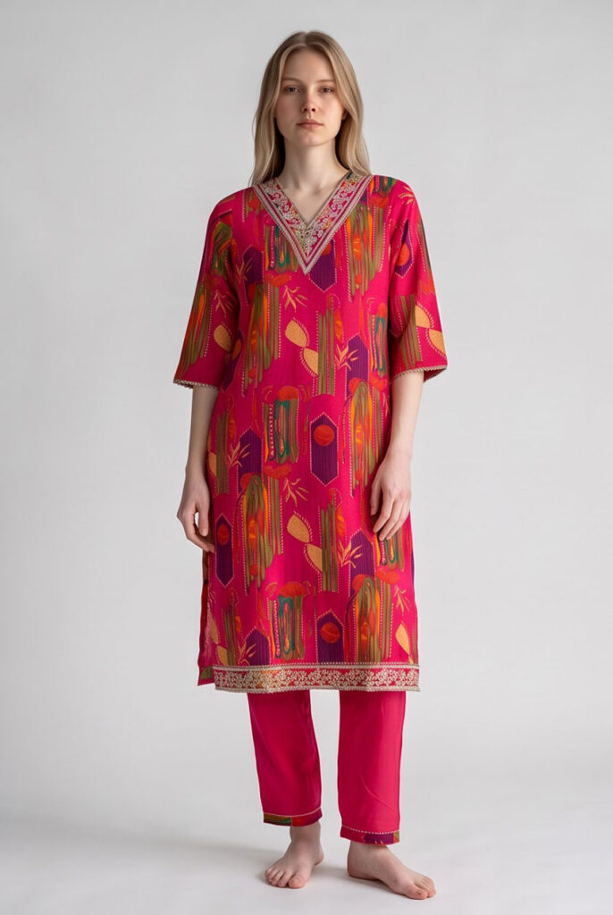 Women's Cotton Straight-Cut Kameez and Pant, Rose Majenta
