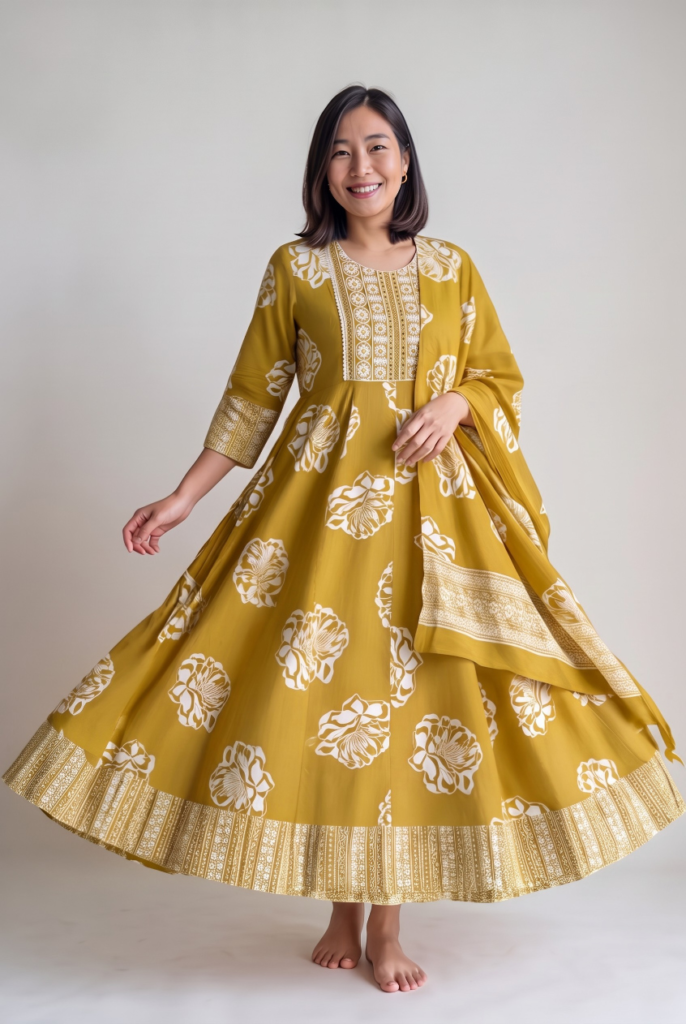 Women's Cotton Anarkali Kameez and Dupatta, Mustard Yellow