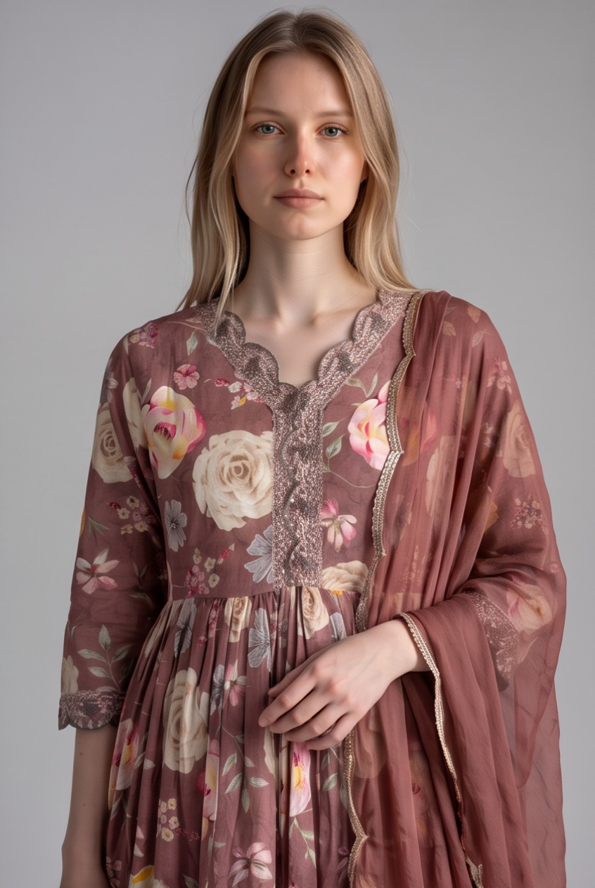 Women's Cotton Anarkali Kameez, Dhoti and Dupatta, Mauve - Image 3