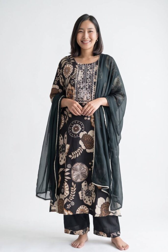 Women's Cotton Straight-Cut Kameez, Pant and Dupatta, Charcoal Black