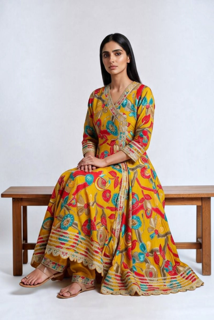 Women's Cotton Angrakha Kameez,Pant and Dupatta, Marigold Yellow