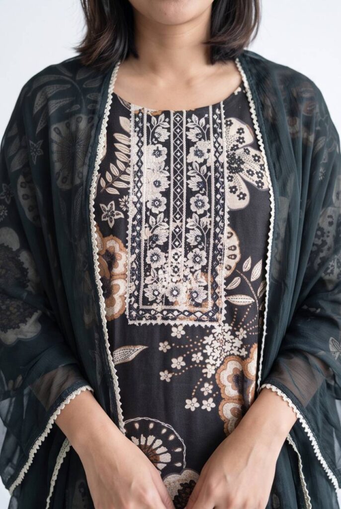 Women's Cotton Straight-Cut Kameez, Pant and Dupatta, Charcoal Black