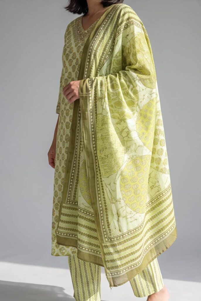 Women's Cotton Straight-Cut Kameez, pant and Dupatta, Pista Green