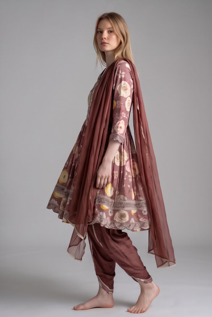 Women's Cotton Anarkali Kameez, Dhoti and Dupatta, Mauve