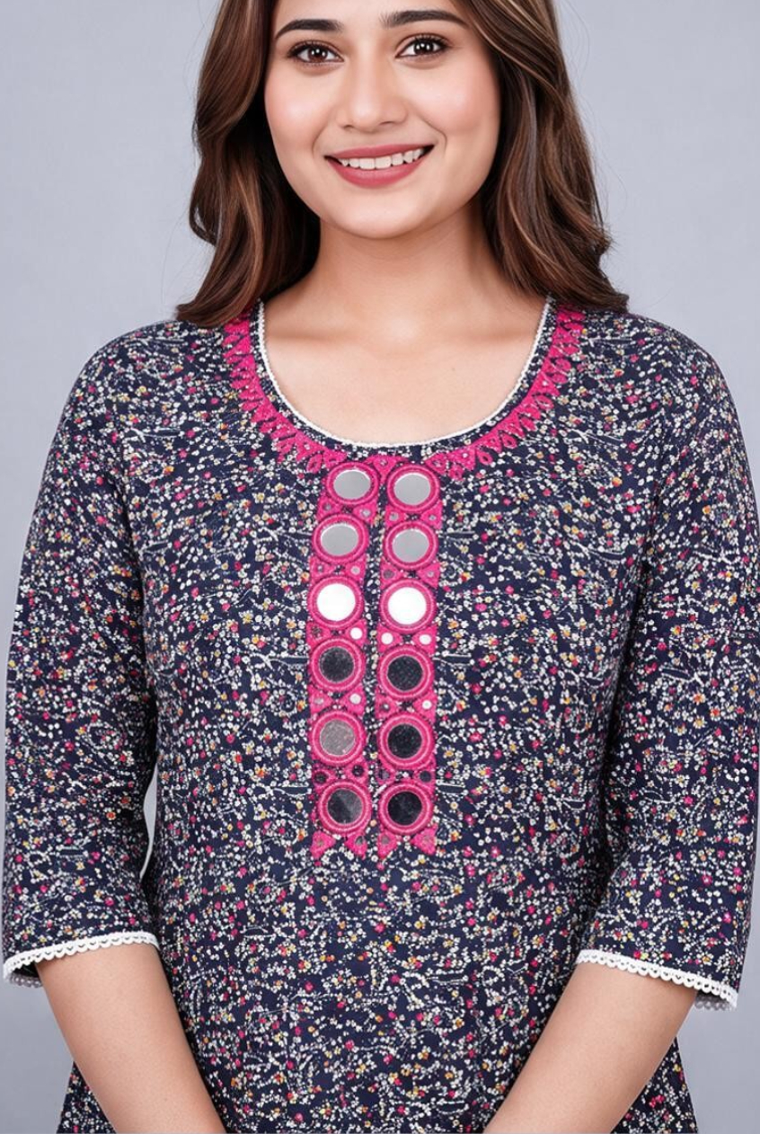 Women's Cotton Anarkali Kameez, Navy Blue - Image 2