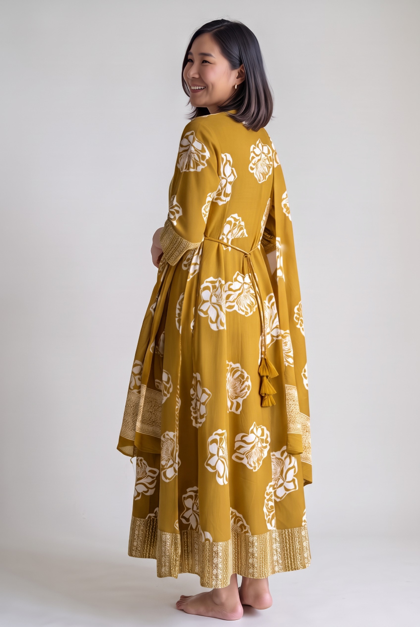 Women's Cotton Anarkali Kameez and Dupatta, Mustard Yellow - Image 3