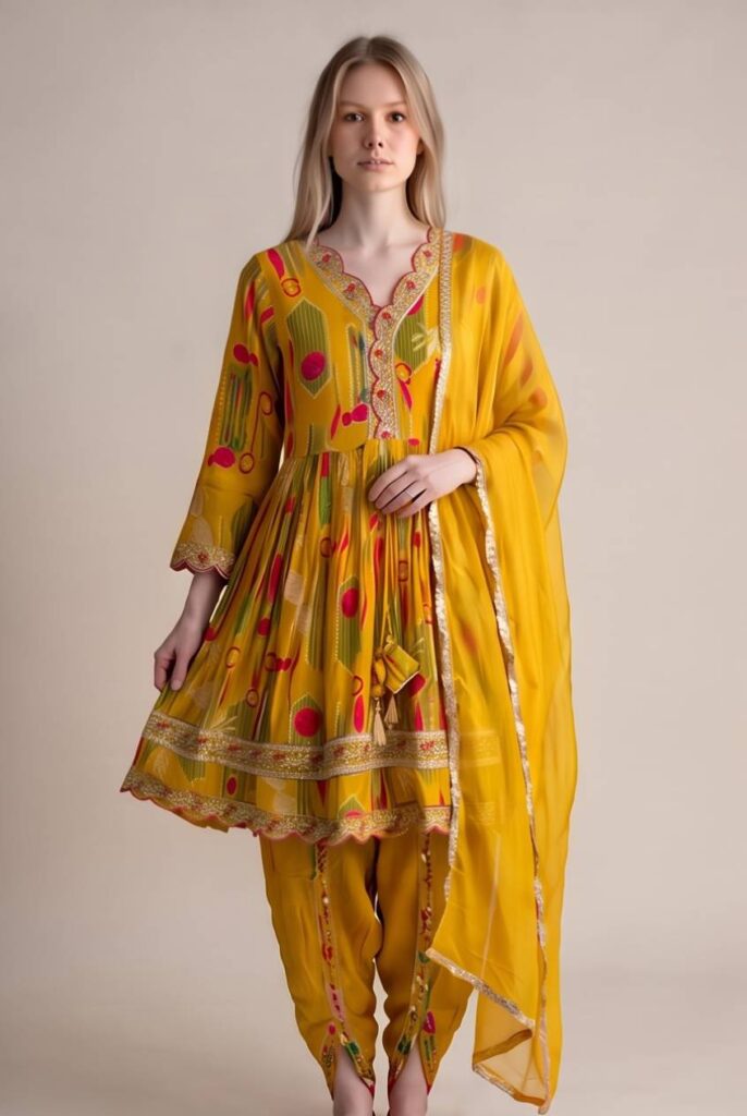 Women's Cotton Anarkali Kameez, dhoti and dupatta,Mustard yellow