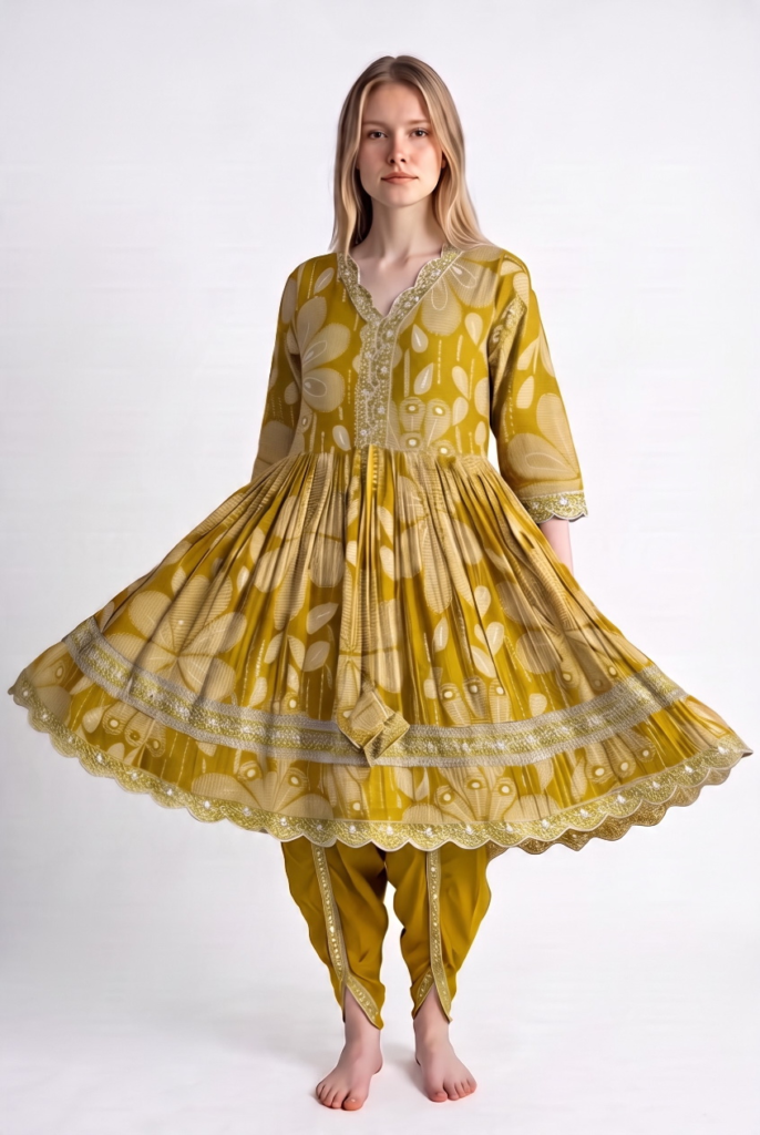 Women's Cotton Anarkali Kameez, dhoti and dupatta, Olive Green