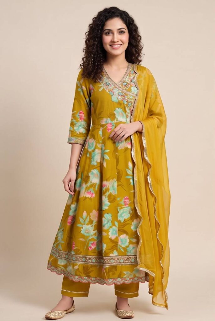 Women's Cotton Angrakha Kameez,Pant and Dupatta