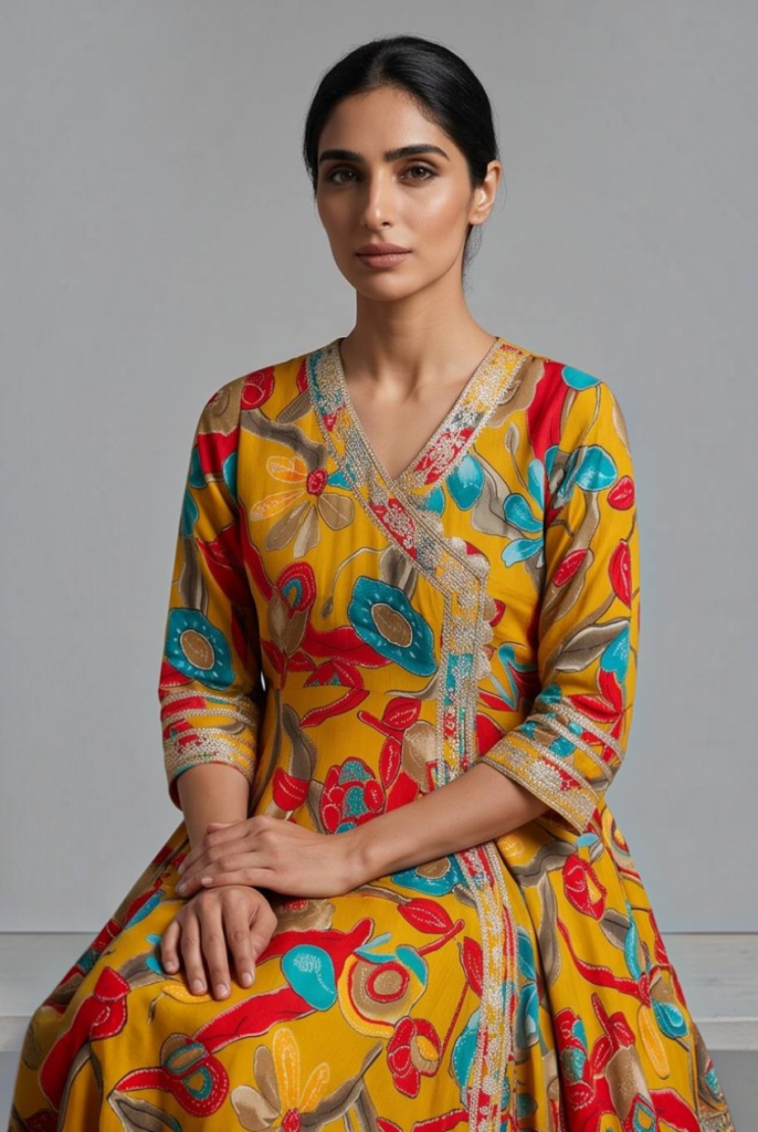 Women's Cotton Angrakha Kameez,Pant and Dupatta, Marigold Yellow
