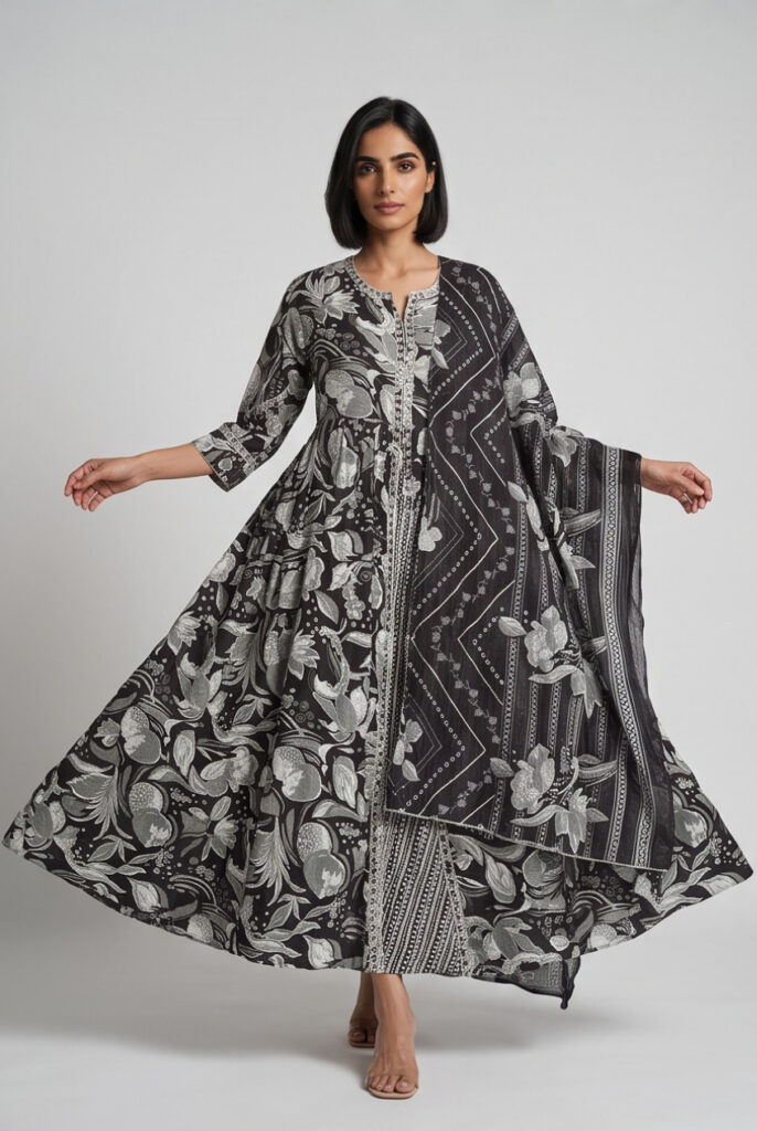 Women's Cotton Layered Anarkali Kameez and Dupatta, Charcoal Black