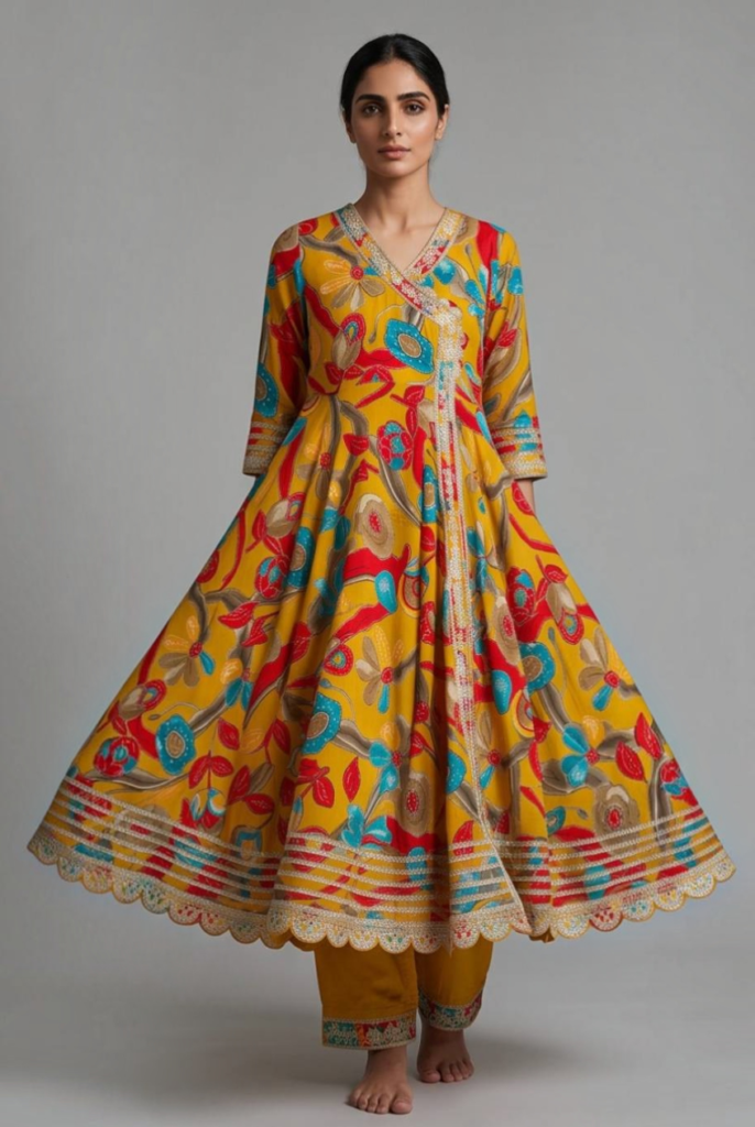 Women's Cotton Angrakha Kameez,Pant and Dupatta, Marigold Yellow