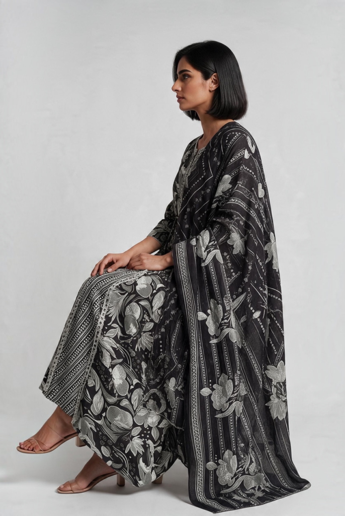 Women's Cotton Layered Anarkali Kameez and Dupatta, Charcoal Black