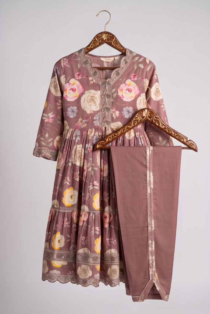 Women's Cotton Anarkali Kameez, Dhoti and Dupatta, Mauve