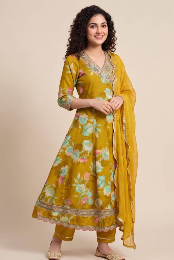 Women's Cotton Angrakha Kameez,Pant and Dupatta