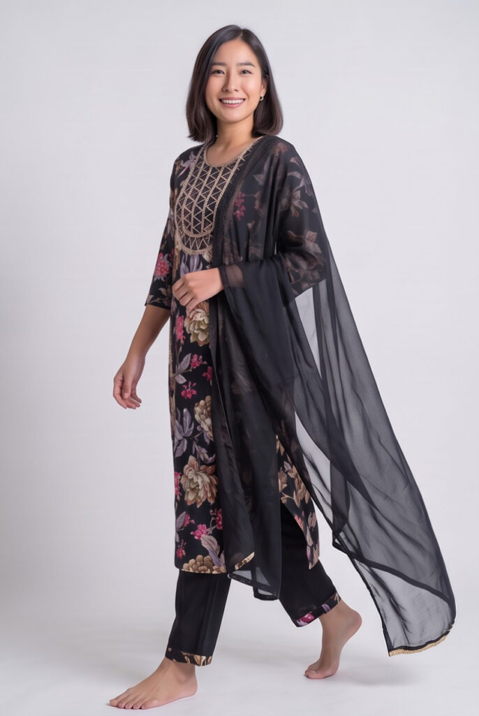 Women's Cotton Straight-Cut Kameez and Pant, Black