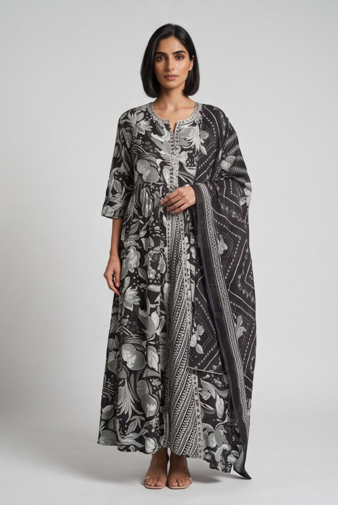 Women's Cotton Layered Anarkali Kameez and Dupatta, Charcoal Black