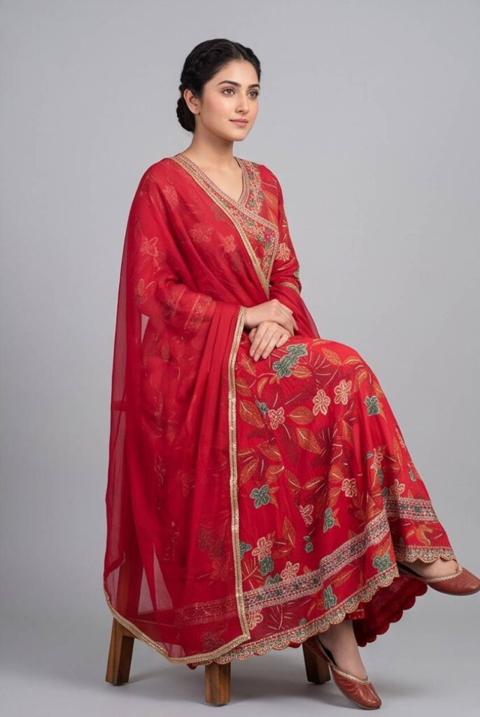 Women's Cotton Angrakha Kameez,Pant and Dupatta